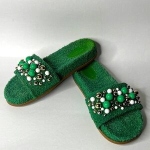 Aquazzura Sz 40 Green Terry Cloth Sandals Slides